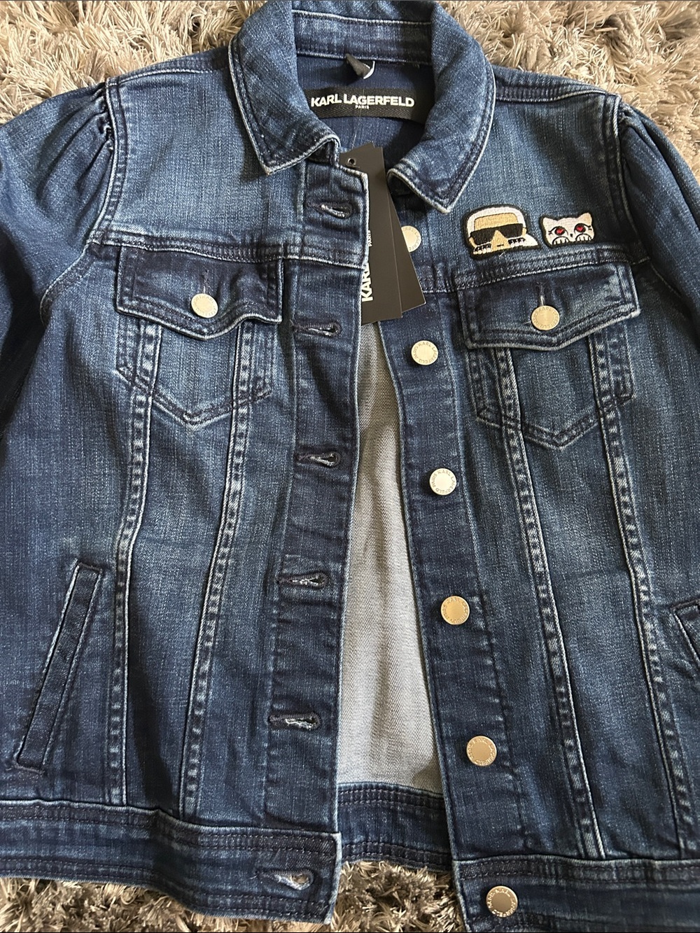 Karl Lagerfeld Indigo Denim Jacket with Embroidered Patches